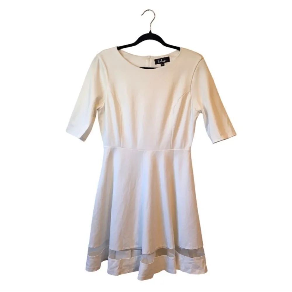 Lulus White Fit and Flare Jersey Knit Mesh Hem Dress